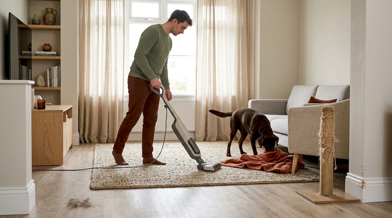 Man cleaning durable pet-friendly living room