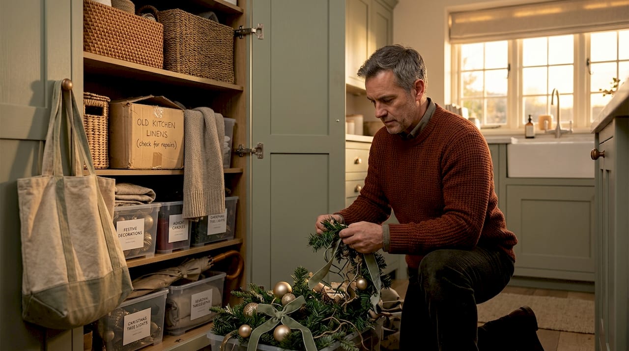 Man sorting cluttered seasonal storage closet