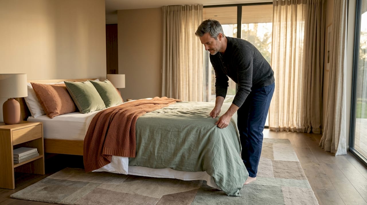 Person layering bedding textiles in bedroom
