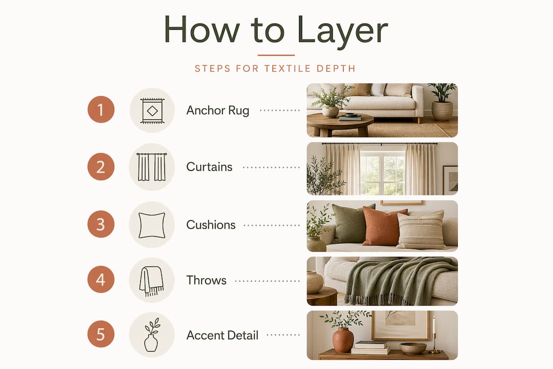 Infographic showing steps for textile layering