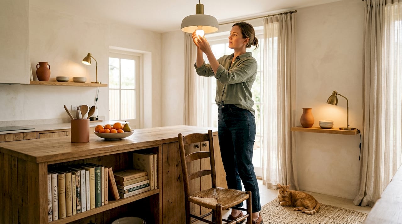 Person swapping warm LED bulb in cozy apartment