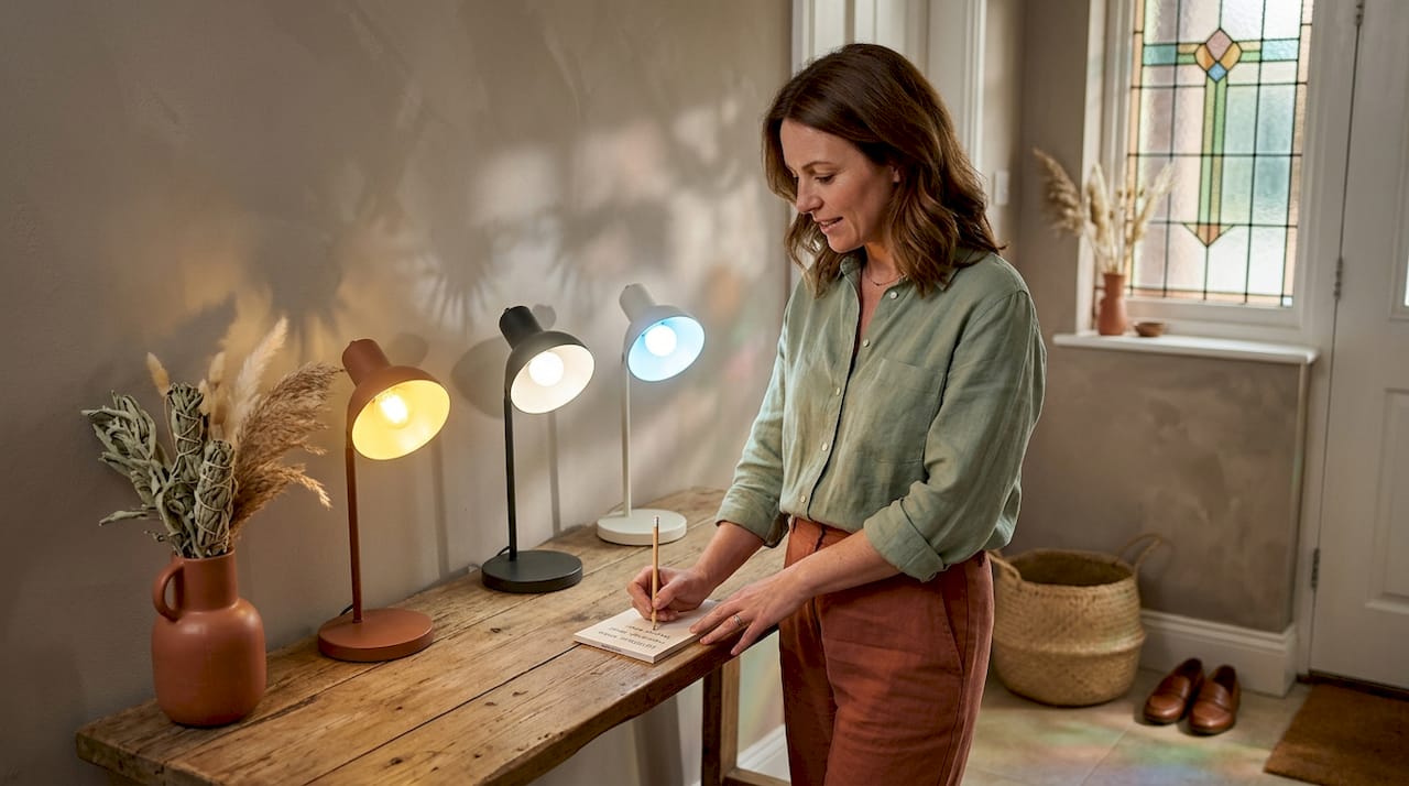 Person testing lamp color temperatures at home