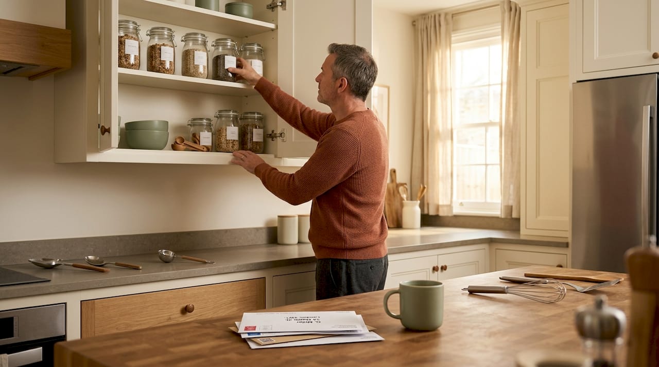 Man arranging labelled jars in kitchen cabinet