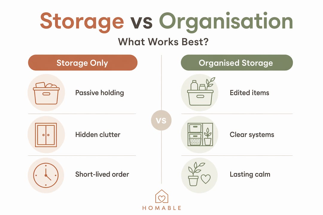 Infographic comparing storage and organisation approaches