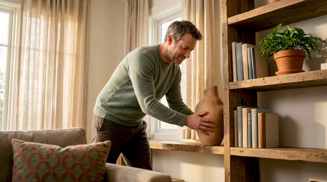 Man positioning anchor decor on shelf