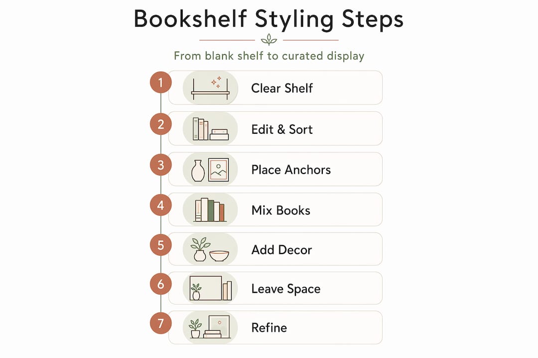 Vertical steps for bookshelf styling process