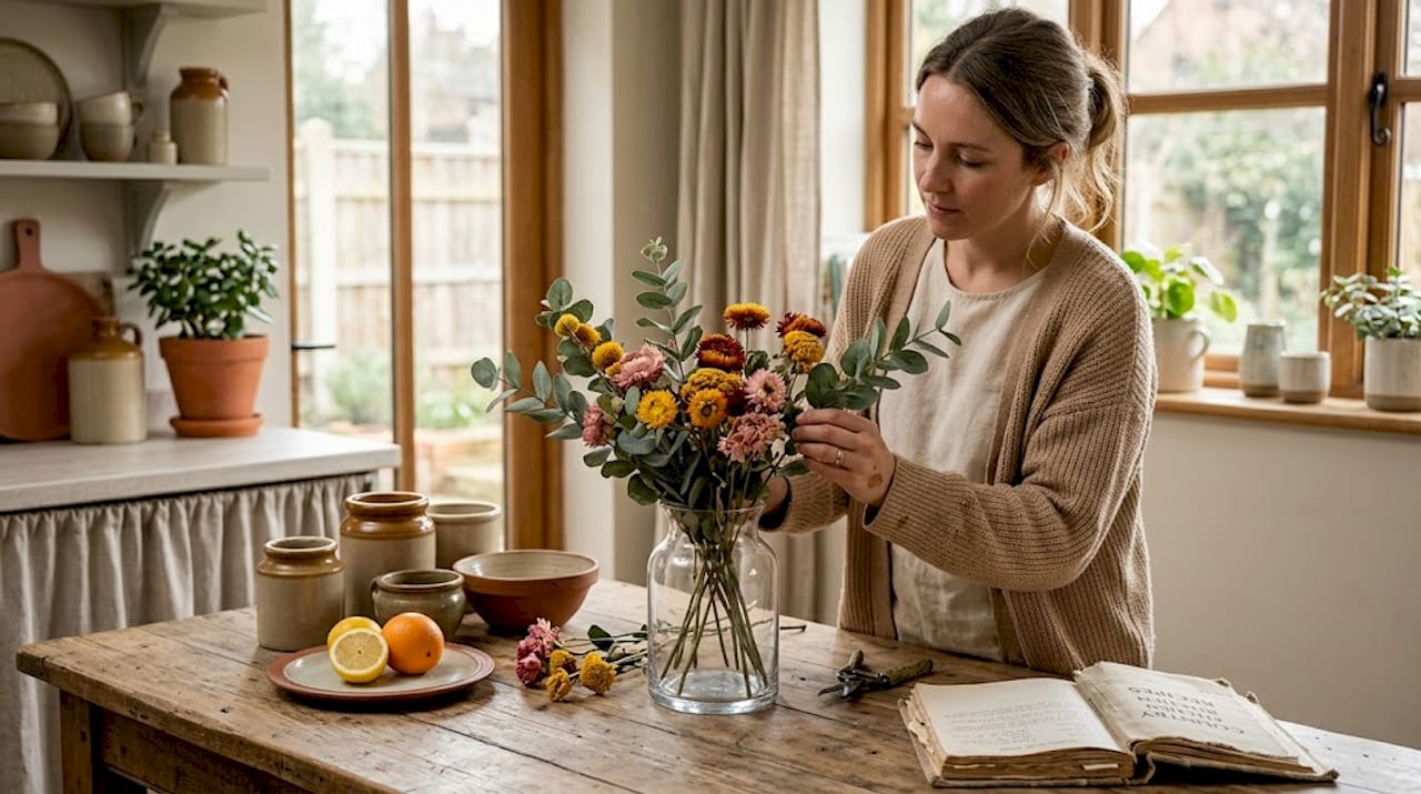Woman arranging DIY floral dining centrepiece