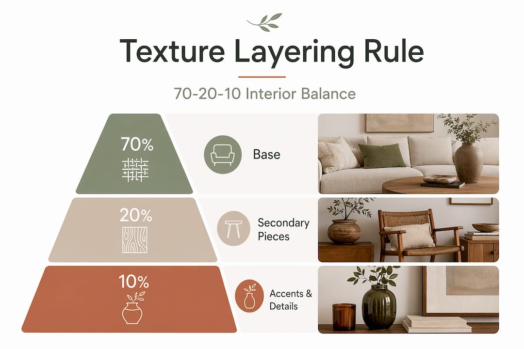 Hierarchy infographic of 70-20-10 texture design rule