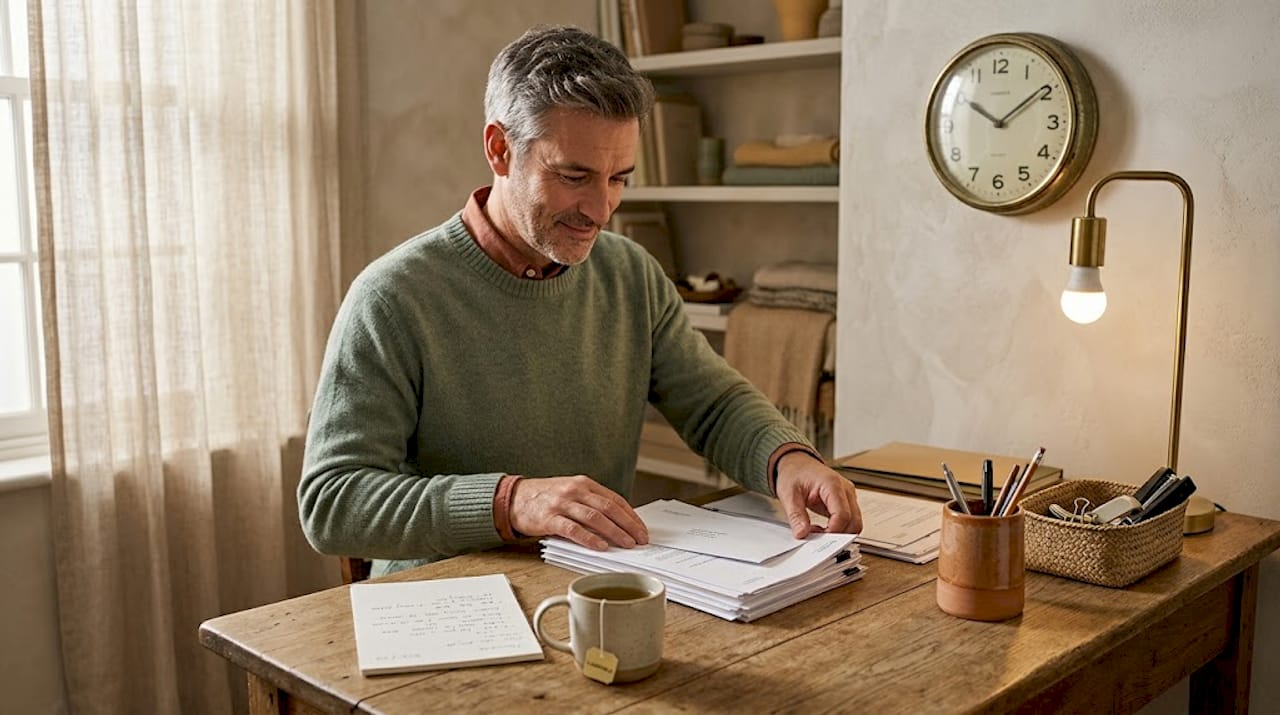Man tidying a minimalist desk for focus