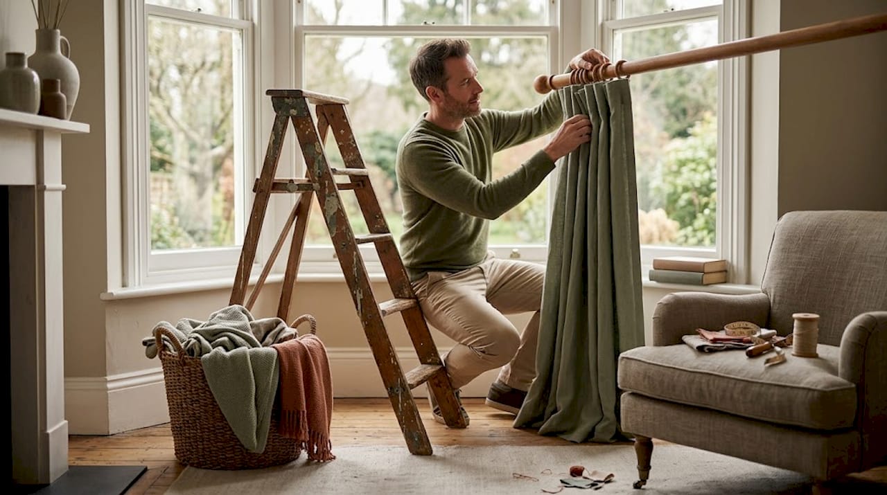 Man hanging new curtains during home textile update