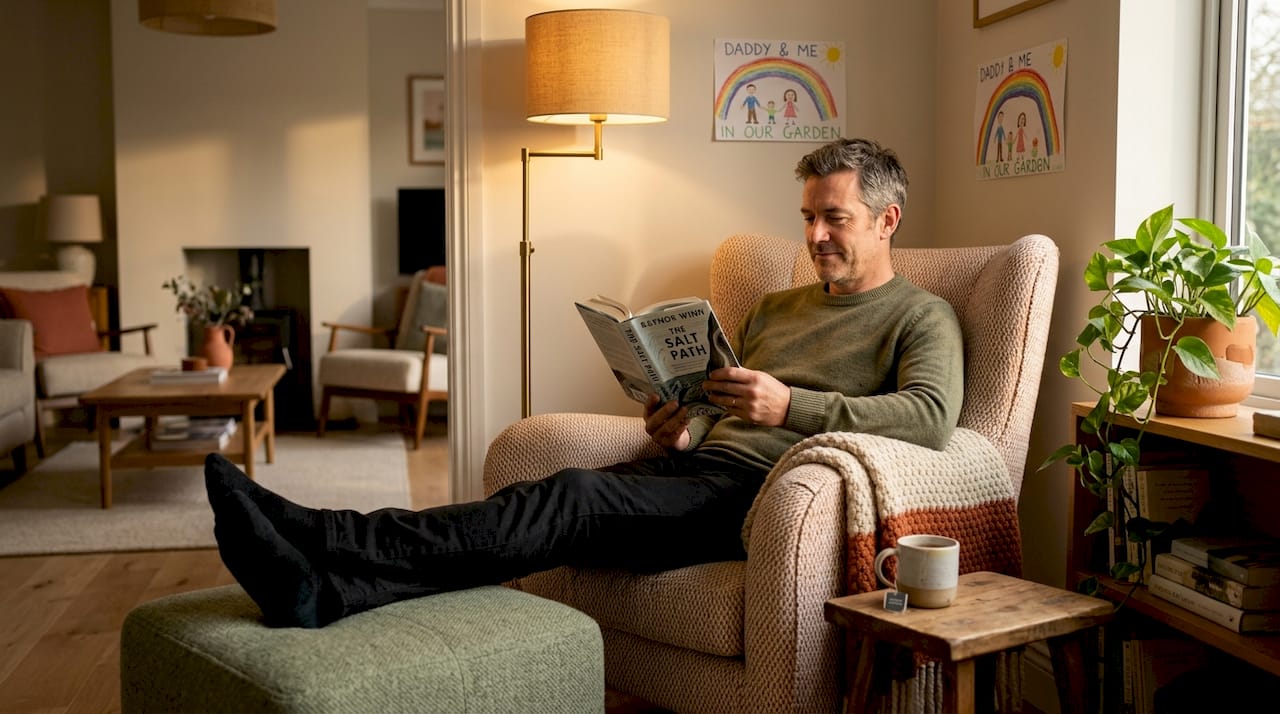 Man reading in a softly-lit living room nook