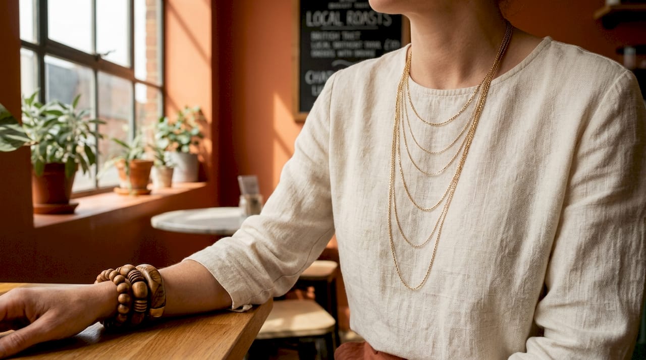Close-up of layered accessories on outfit