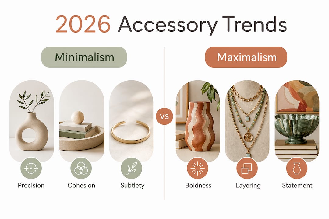 Infographic comparing minimalism and maximalism accessory trends