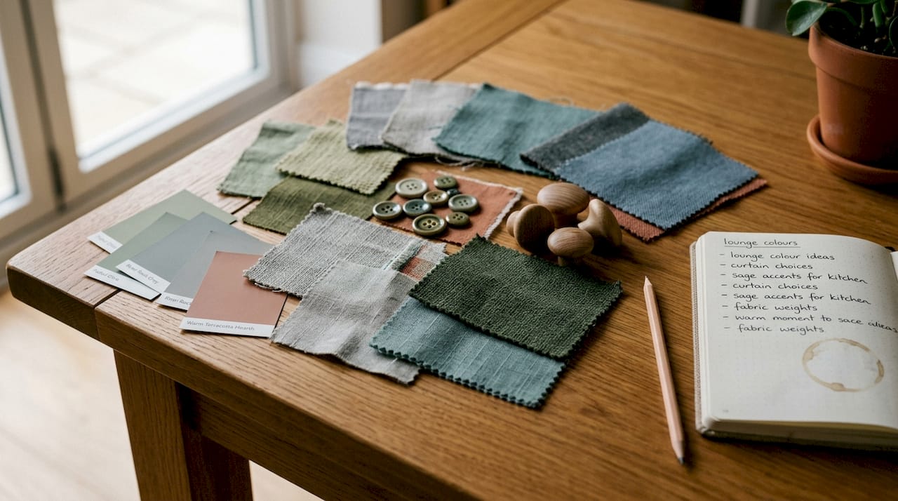 Fabric swatches and paint chips on table