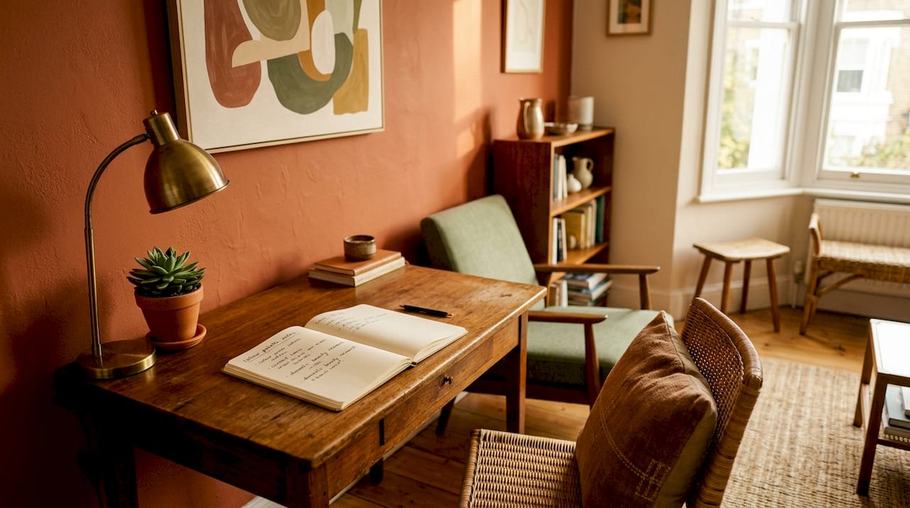 Eclectic styled home office with mixed textures