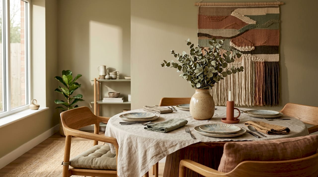 Dining table layered with textiles and decor accessories