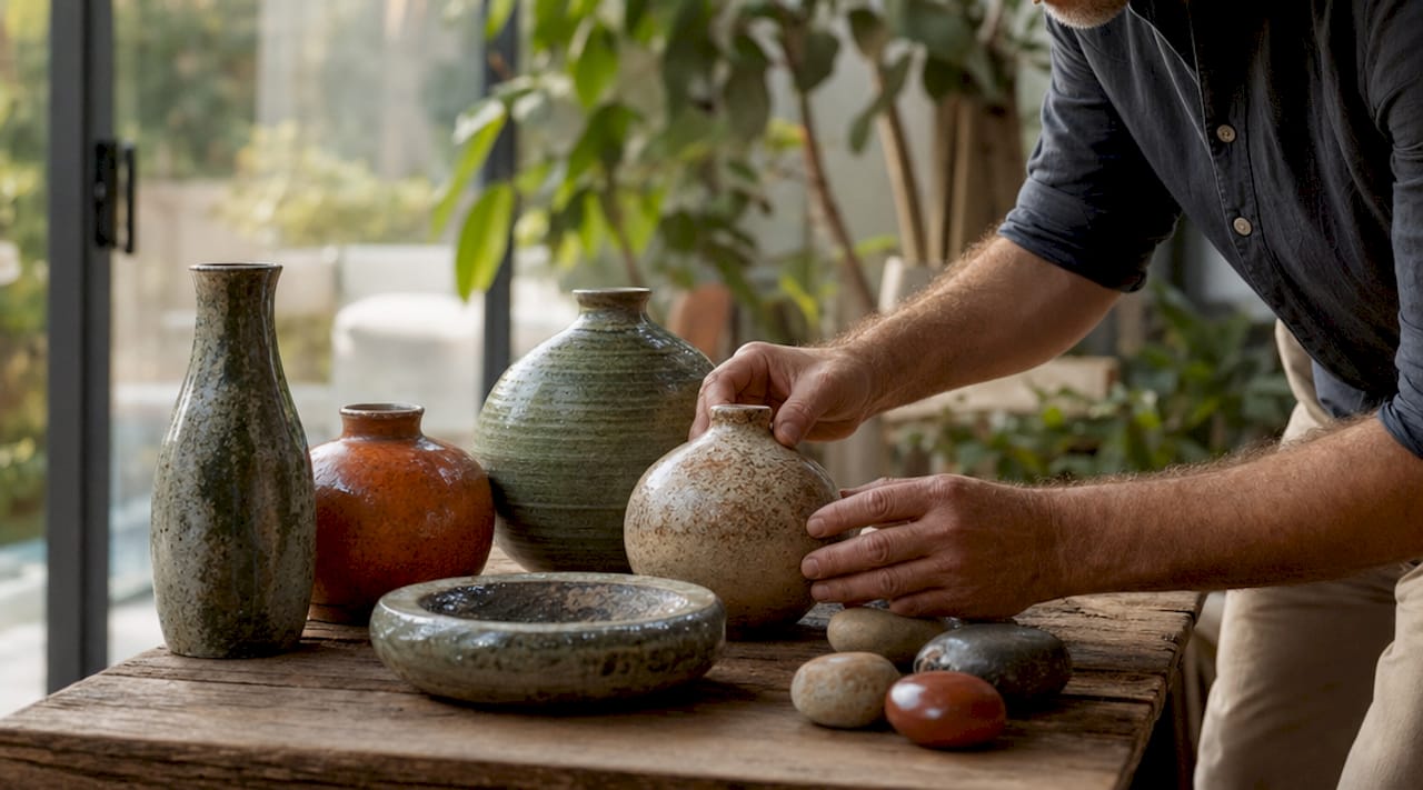 Hands sorting curated versus random decor items