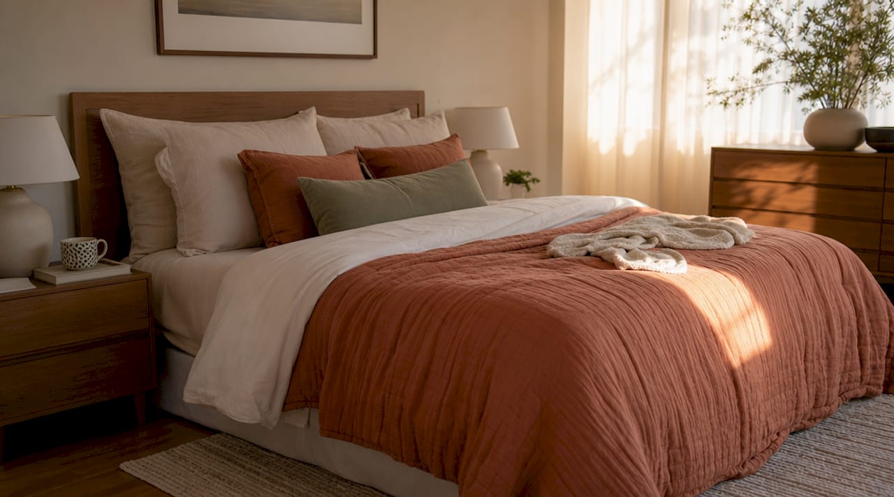 Neatly arranged bedroom furniture around bed