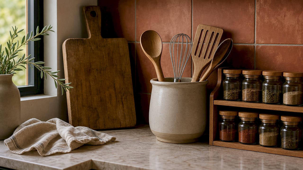 Overhead view of kitchen functional decor items