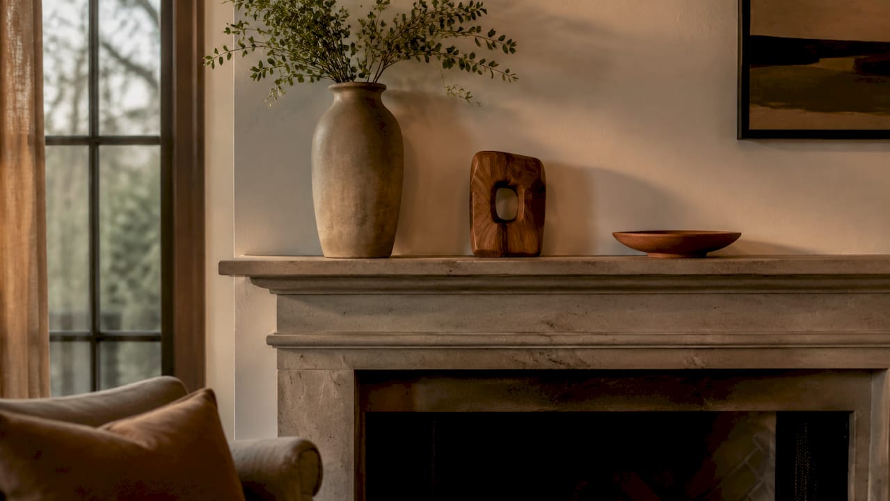 Mantel decor with varied heights and textures