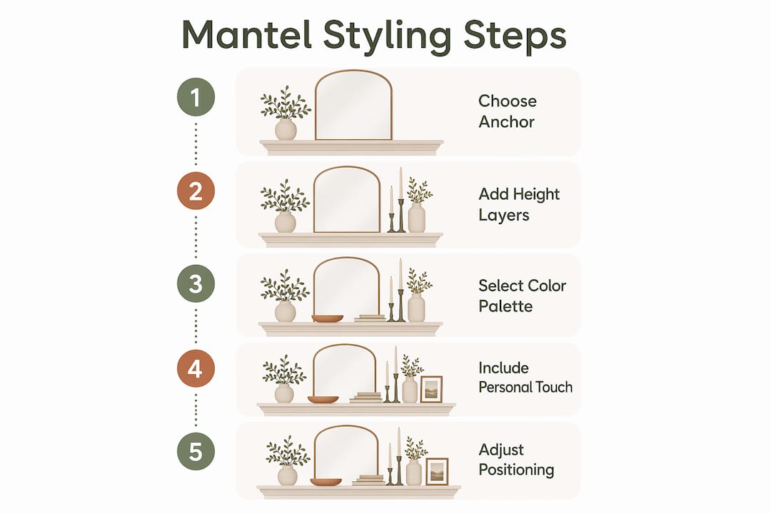 Infographic illustrating mantel styling step-by-step guide