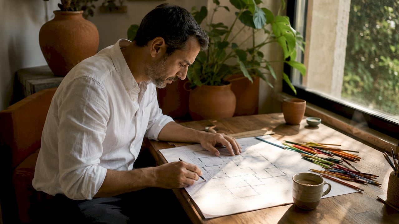 Man sketching small room floor plan