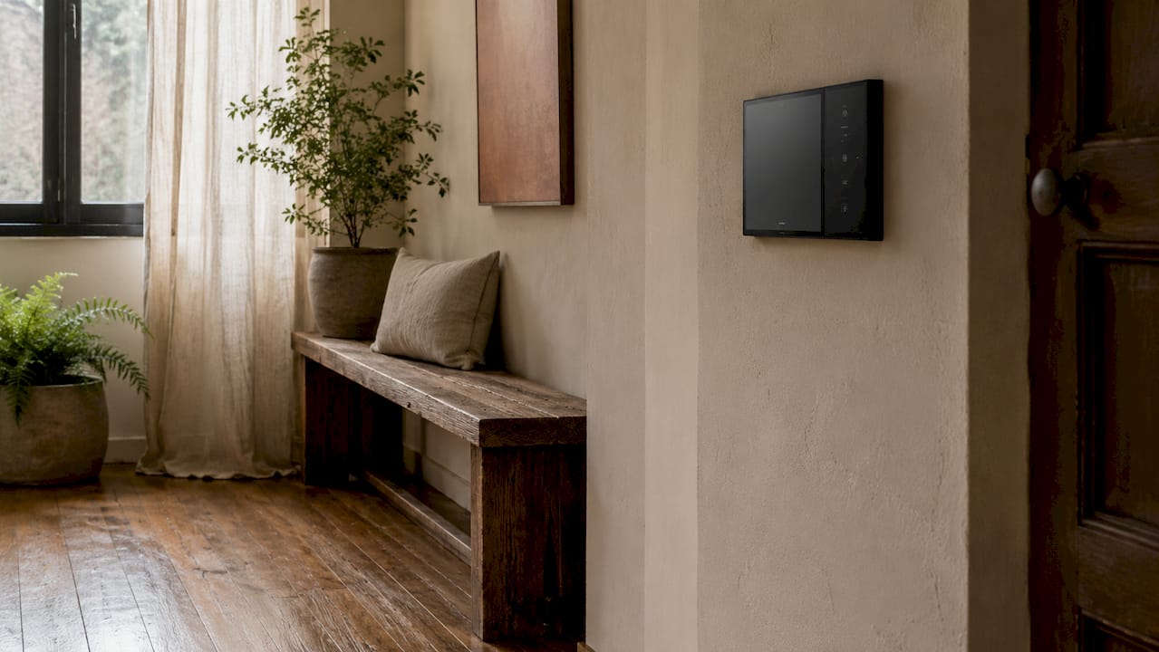 Close-up smart home control panel and door handle