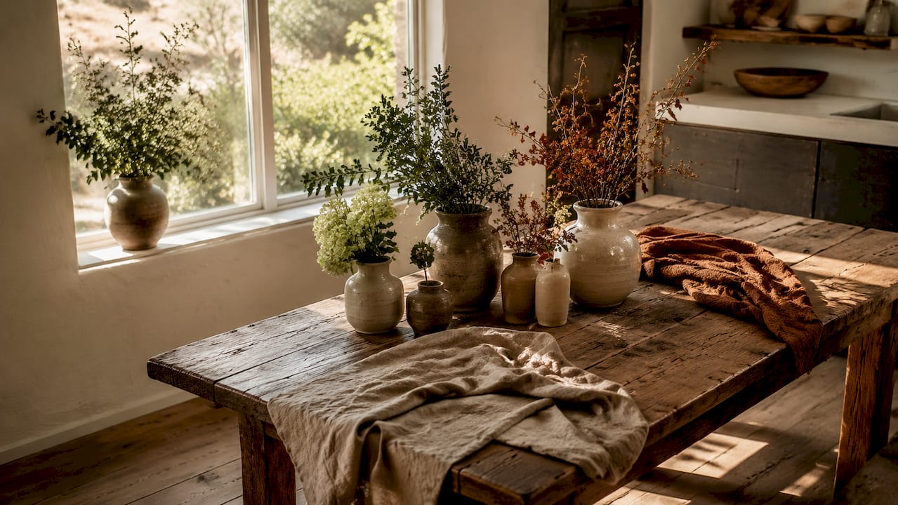 Vases and textiles arranged on sideboard
