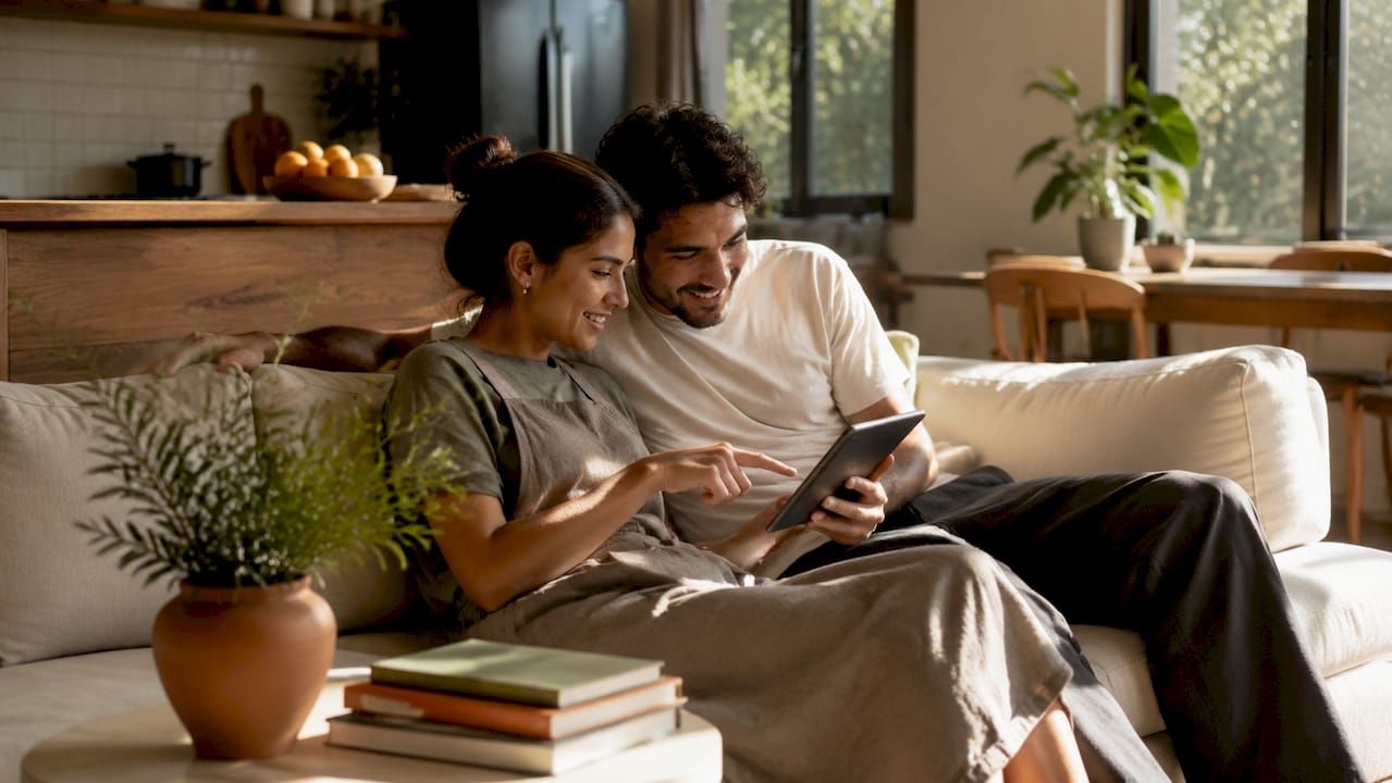 Couple discussing flexible living space design on sofa