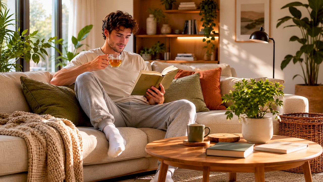 Living room with undersized rug and large sofa