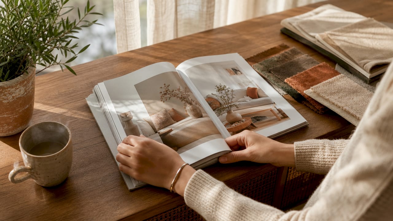 Hands selecting seasonal decor from catalog