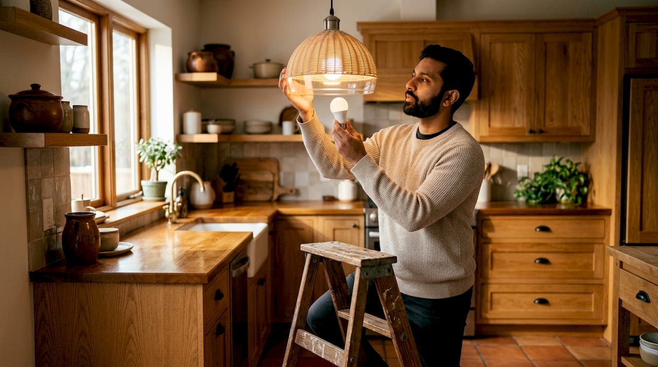 Man replacing incandescent bulb with LED in bedroom