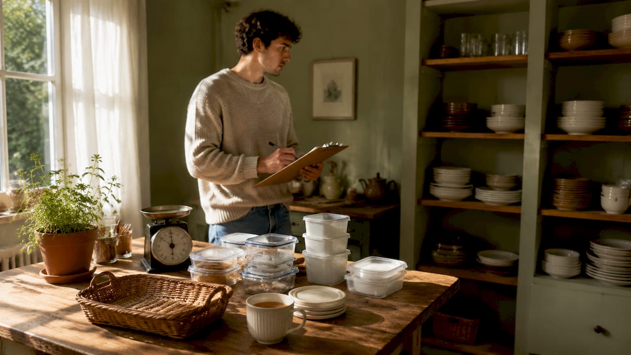 Man reviewing kitchen items during decluttering