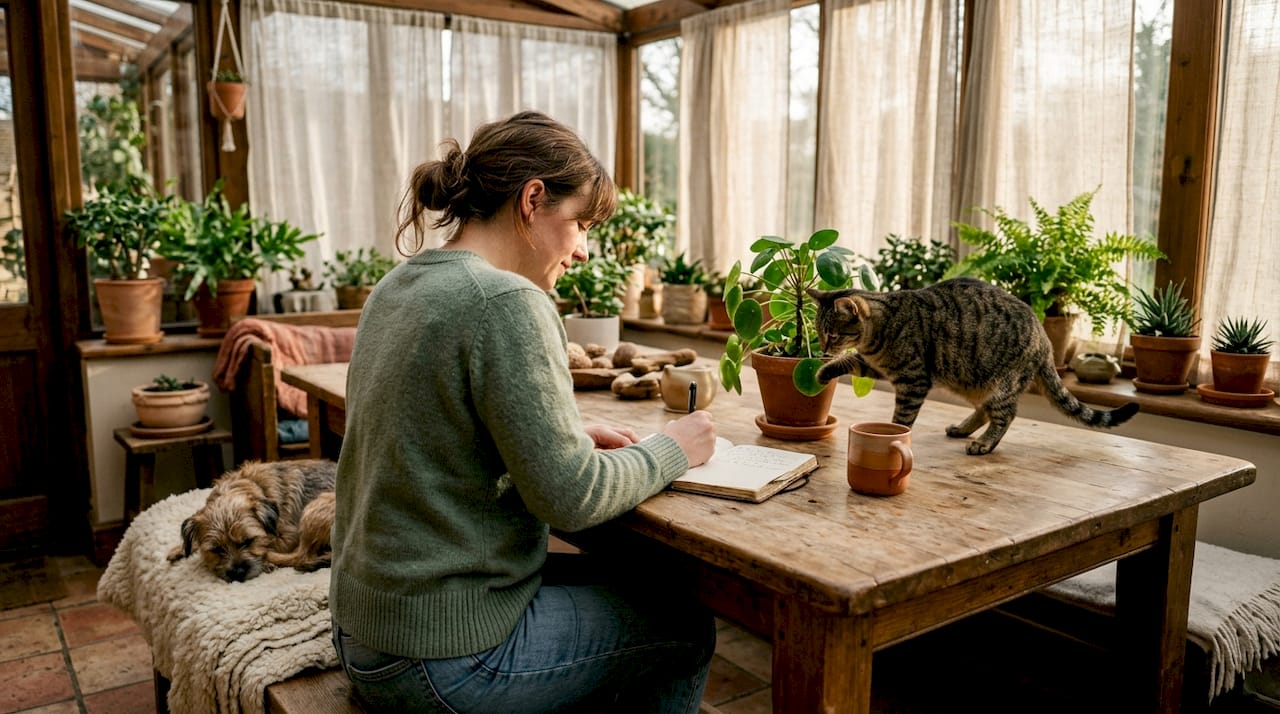 Pet owner taking notes observing pet behavior