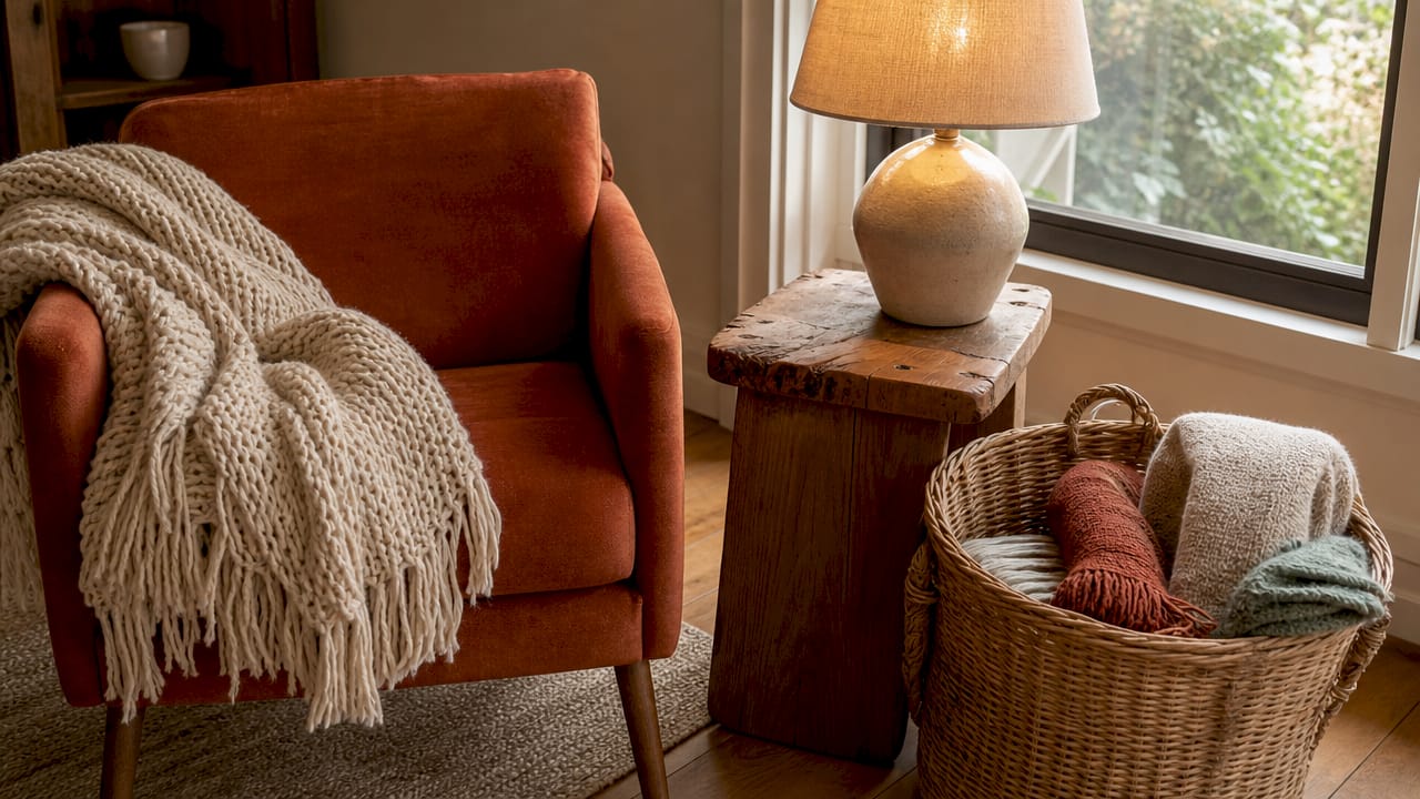 Cozy corner with natural wood and textiles