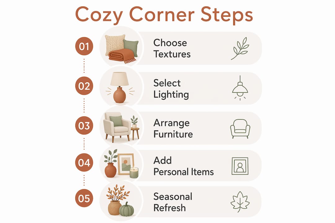 Infographic showing steps to create cozy corners in home