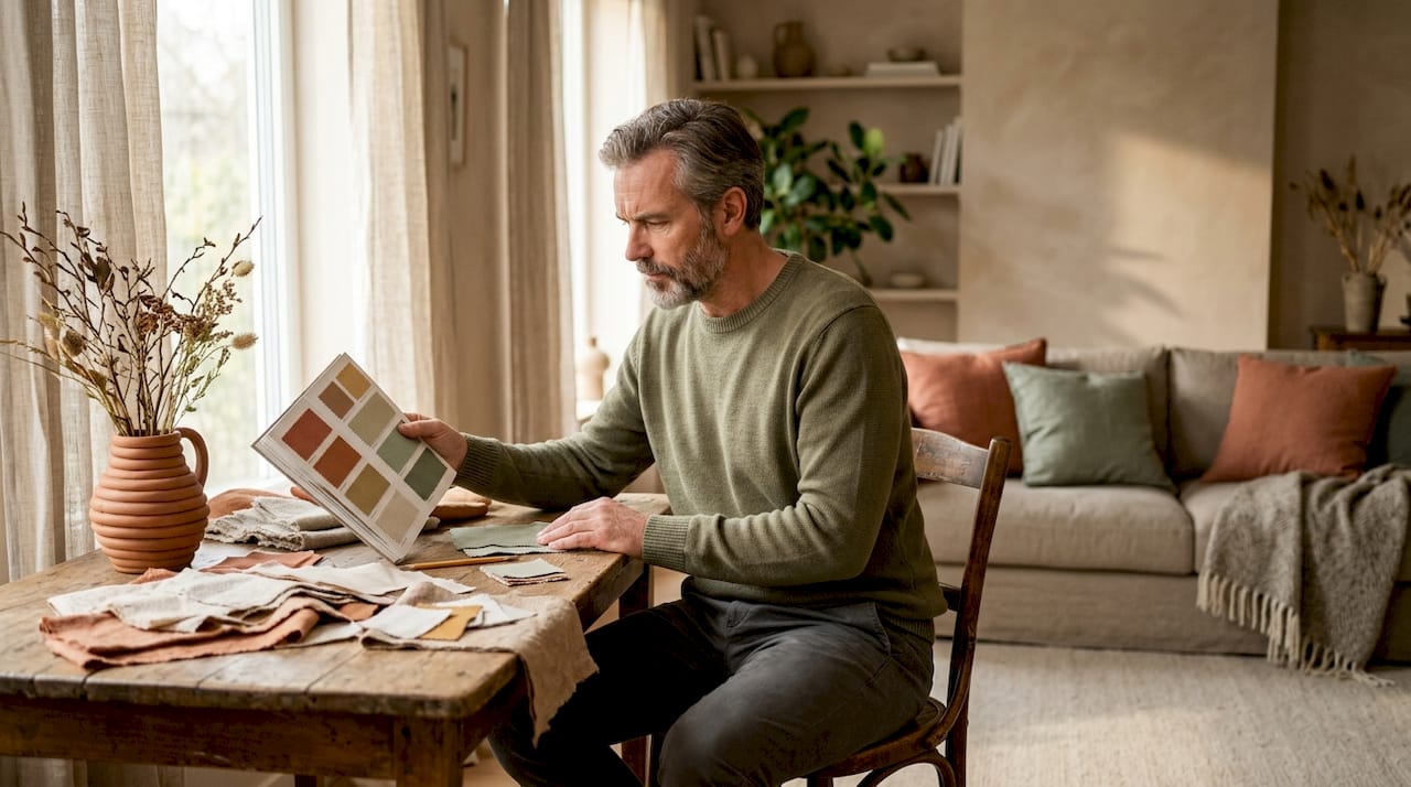 Man selecting coordinated room accessories using fabric swatches