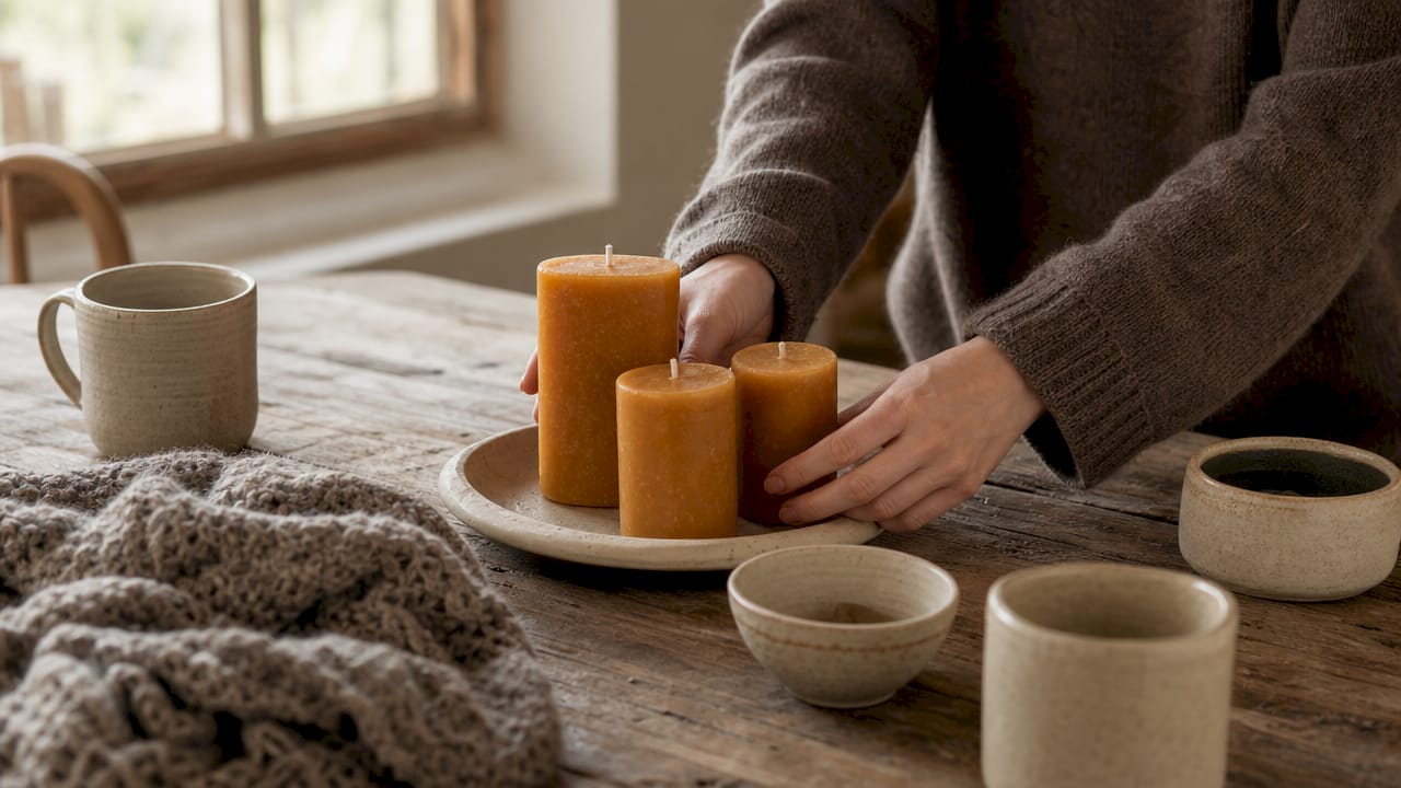 Hands arranging natural hygge materials on wood table