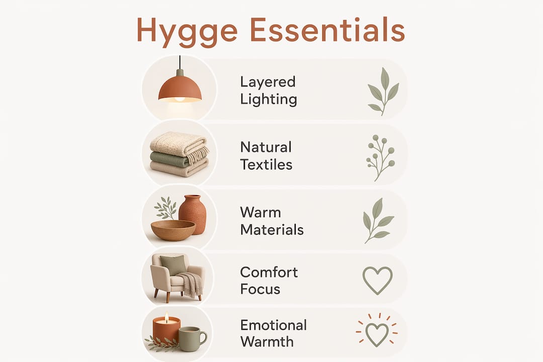Infographic illustrating key elements of hygge in home styling