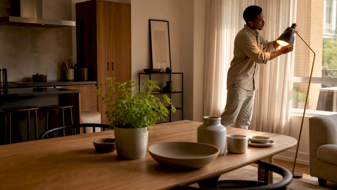 Man adjusting floor lamp in minimalist bedroom