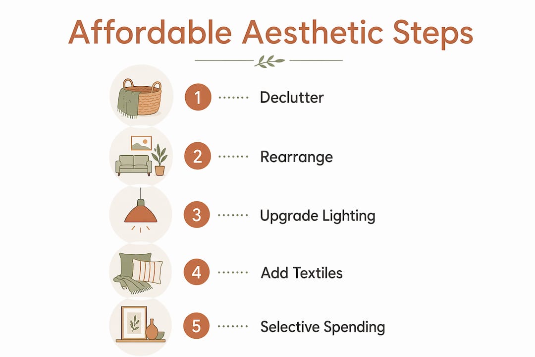 Infographic illustrating steps for affordable home aesthetics