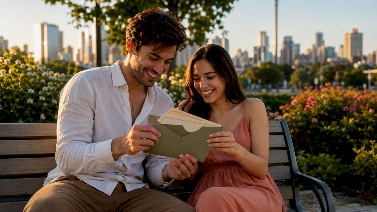 Couple happily opening experience gift tickets indoors