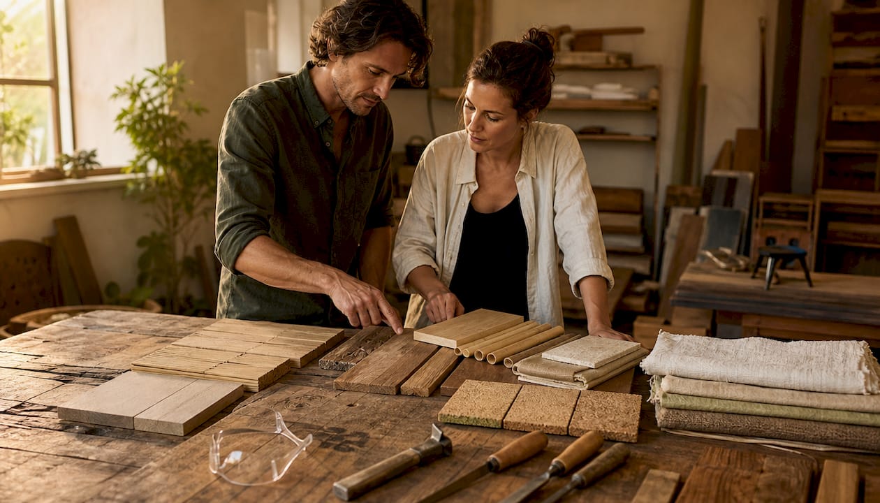 Artisan hands selecting sustainable decor materials
