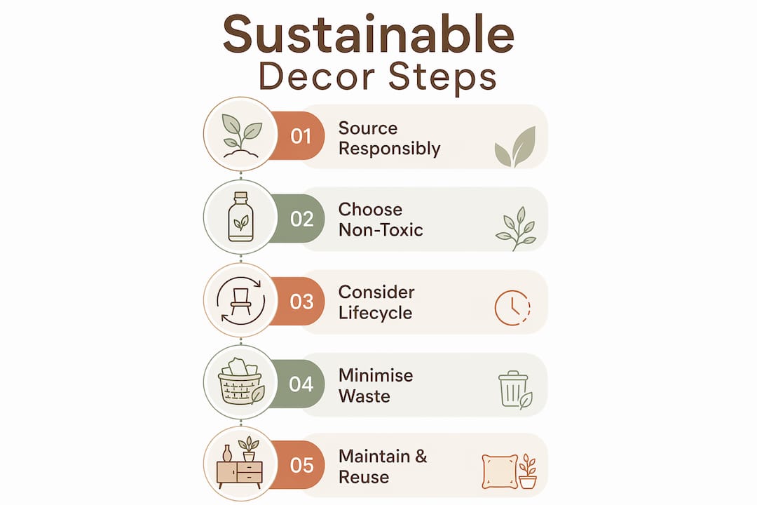 Infographic illustrating five steps of sustainable decor