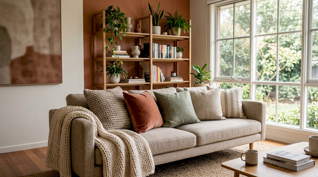 Layered cushions and throws showcasing texture and color