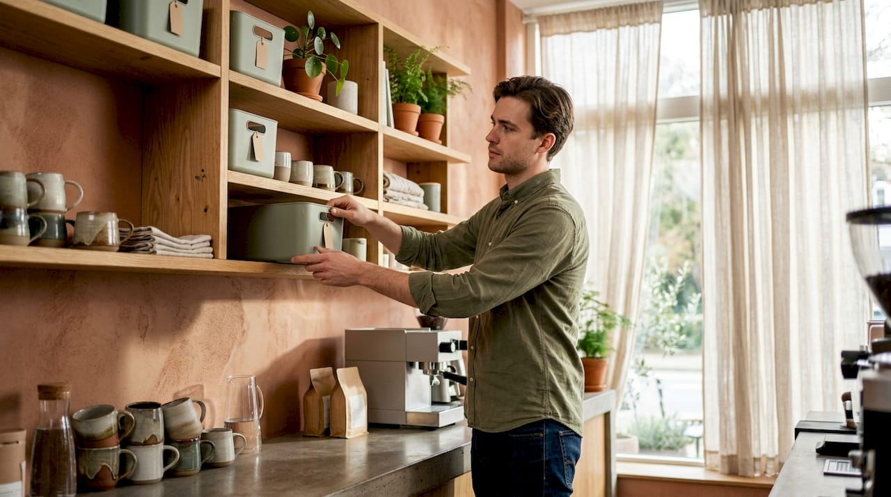Man organizing kitchen storage bins