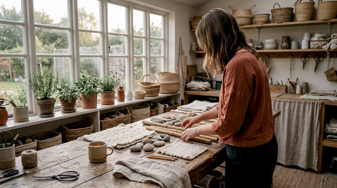 Hands arranging natural material samples for design
