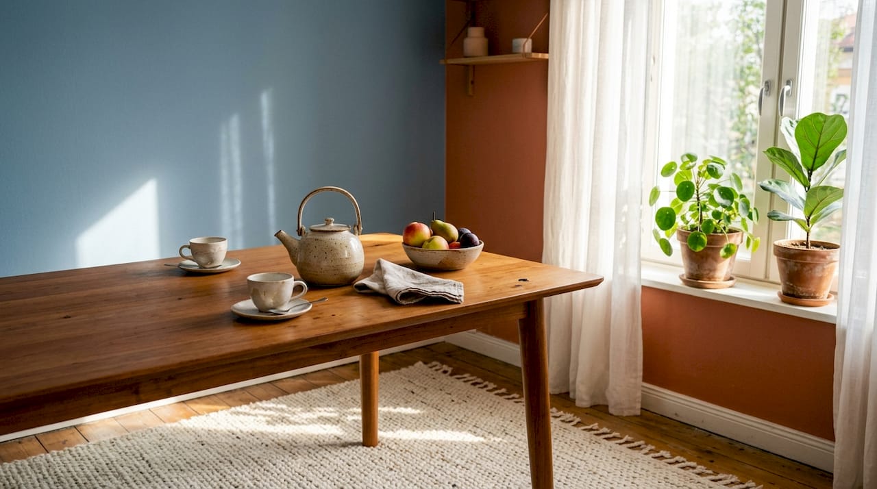 Living room showing warm and cool colour contrast