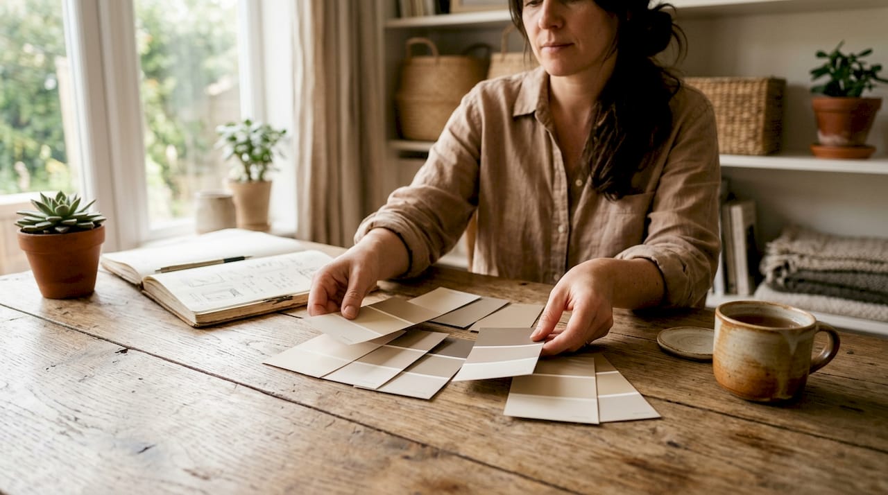 Designer choosing neutral paint swatches for decor