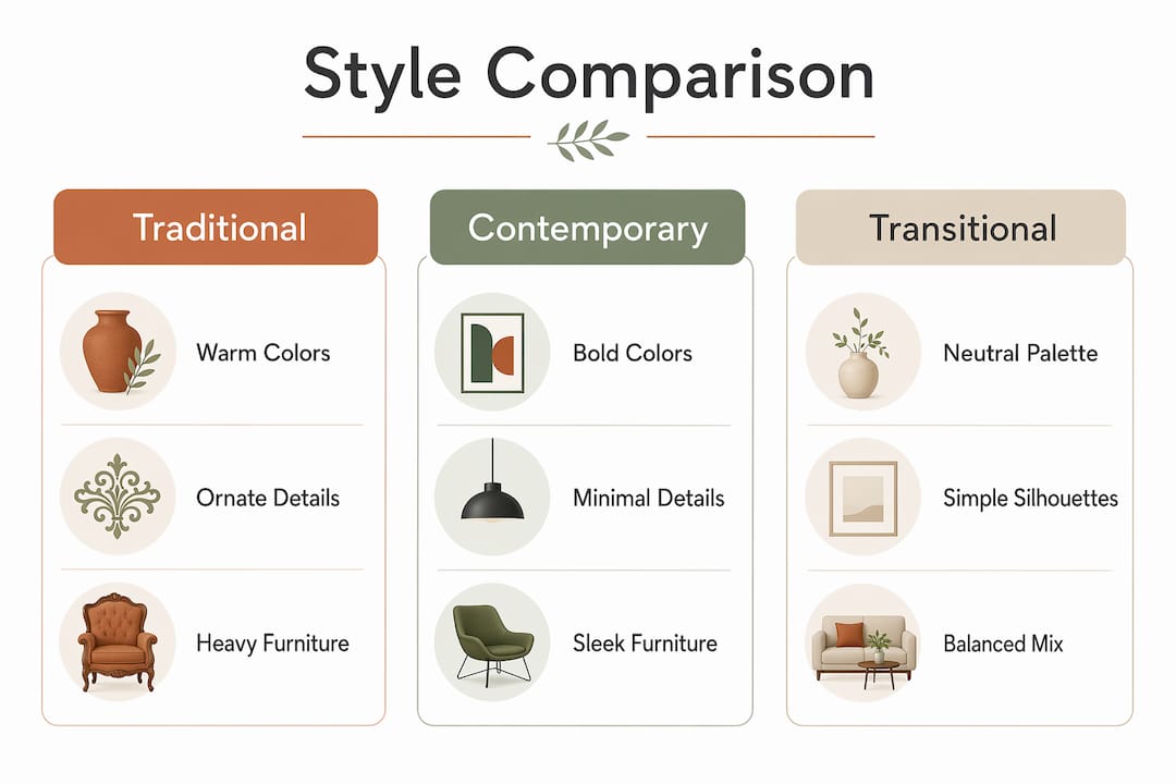 Infographic comparing traditional, transitional, contemporary styles